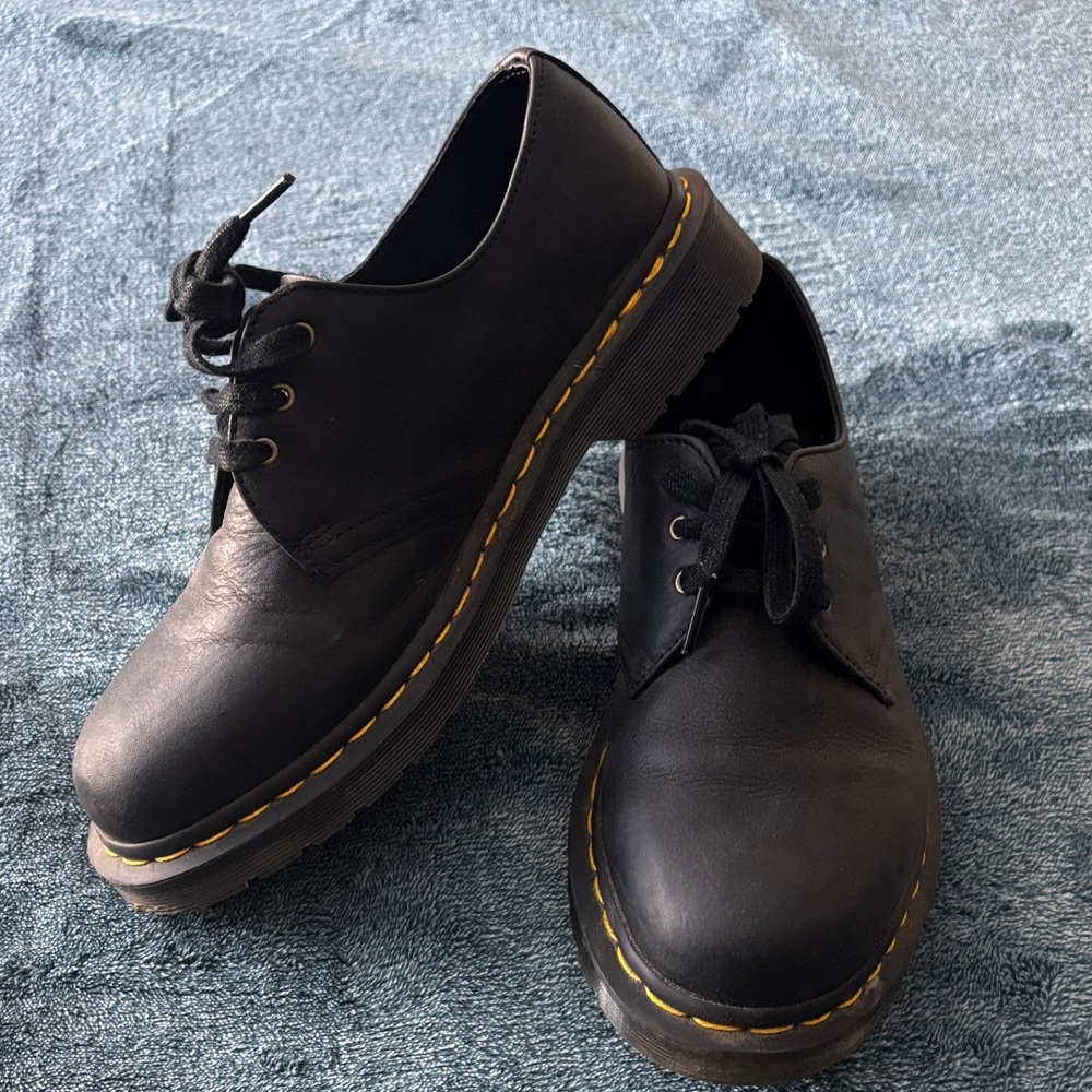 Dr. Martens Black Leather Oxfords with Yellow Stitching